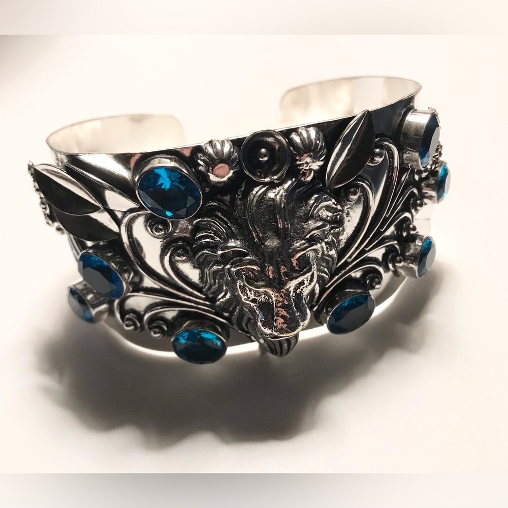 Blue Topaz Stamped Solid 925 Sterling Silver Cuff Bracelet